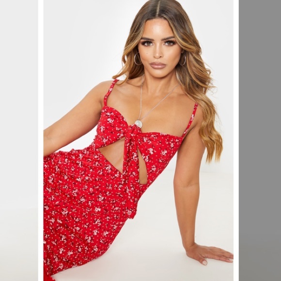 PrettyLittleThing Red Floral Tie Front Dress - Picture 2 of 14